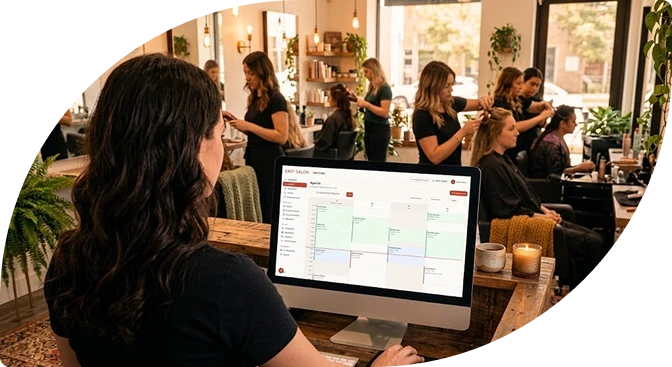 Dona de salão usando o Easy Salon no computador